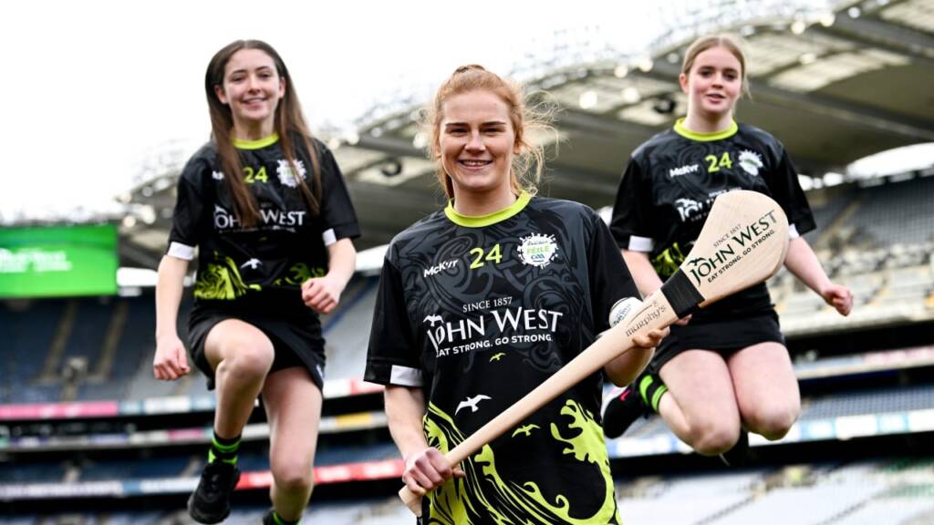 John West Féile and Ambassador Waterford camogie player Beth Carton with Jo Malone of Whilehall Colmcille and Erin Hynes of Lucan Sarsfields during the launch of the John West Féile 2024 at Croke Park in Dublin. Photo by Ramsey Cardy/Sportsfile.